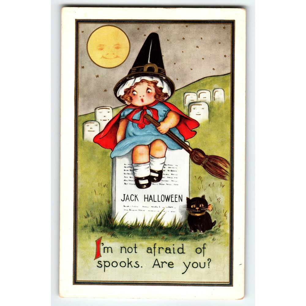 Vintage 1907-1915 Halloween Little Girl Witch & Black Cat Whitney Postcard